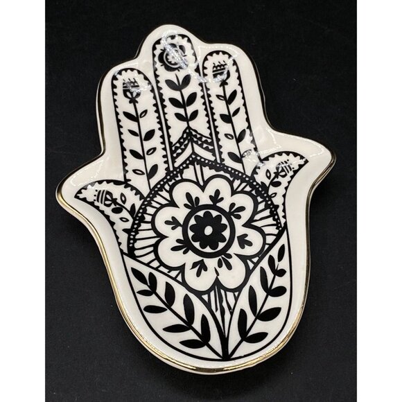 Hamsa Fatima Hand Trinket Dish Natural Life Black White Flower Design 4.5” - Picture 2 of 6